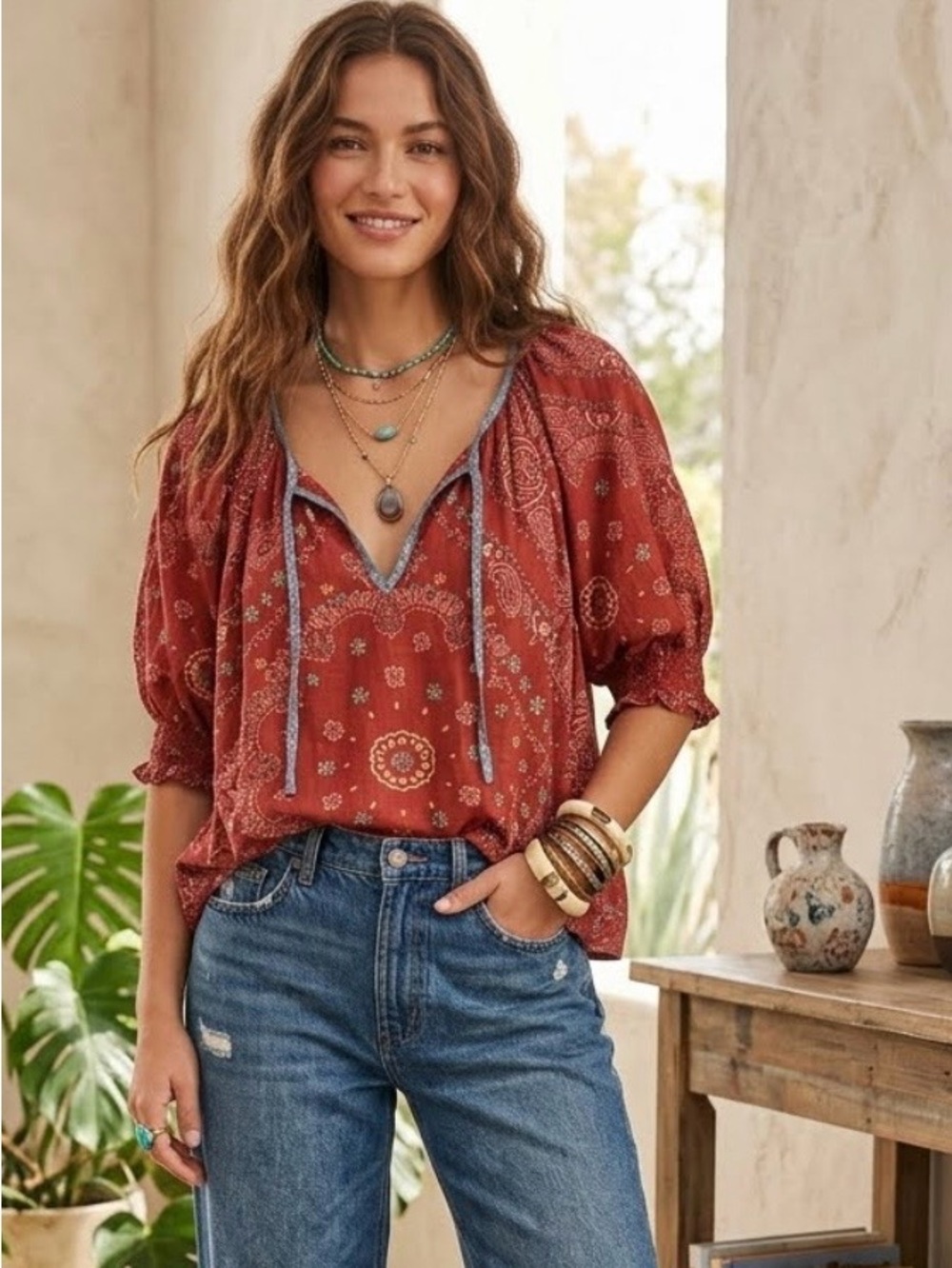 Natural Life Bandana Rust-Red Peasant Top Size Medium - Picture 1 of 10